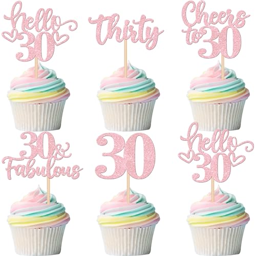 30 PCS Happy 30th Birthday Cupcake Toppers Glitter Thirty Hello 30 Cupcake Picks 30 & Fabulous Cheers to 30 Years Cake Decorations for 30th Birthday Anniversary Party Supplies Pink