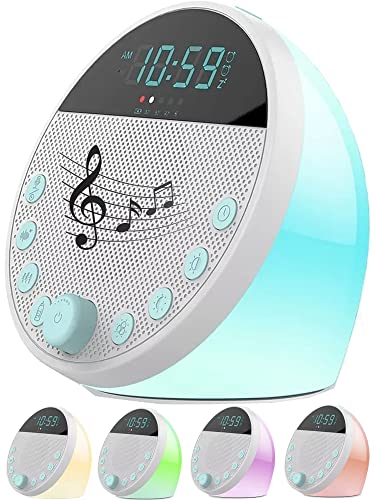 Máquina Ruido Blanco Bebé y Adultos + Reloj y Alarma + Luz Nocturna Colores, Portátil, Batería Recargable, White Noise Machine Baby, Música para Dormir Relajante Cover
