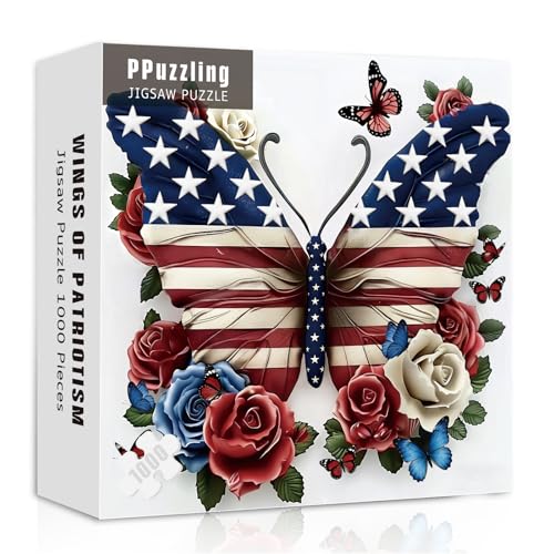 Rompecabezas para adultos de 1000 piezas con bandera estadounidense y mariposa, rompecabezas patriótico de fe, arte floral de rosas como decoración para el hogar