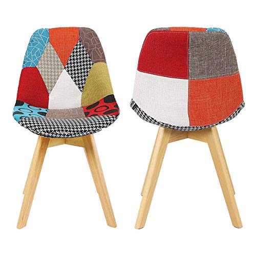 GroBKau Lot de 4 chaises de salle à manger en lin patchwork avec pieds en bois pour la maison, le salon, la cuisine Cover