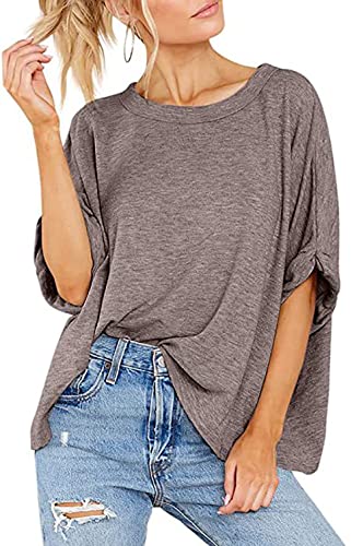 Tee Shirt Manche Chauve Souris Femme Blouse Unicolor Manche 3/4 Tunique Ete Fluide Ample Haut Col Rond Pull Oversize Y33K Chemise Chic et élégant Grande...