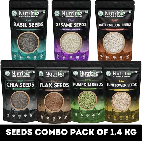 Image of Nutritoz Mix Super Seeds Combo 1.4 Kg Pack Of 7 | Weight Loss with Omega-3 (200g Each) Chia Brown Flax Pumpkin Sunflower Basil Sesame Watermelon (7 X 200 g)