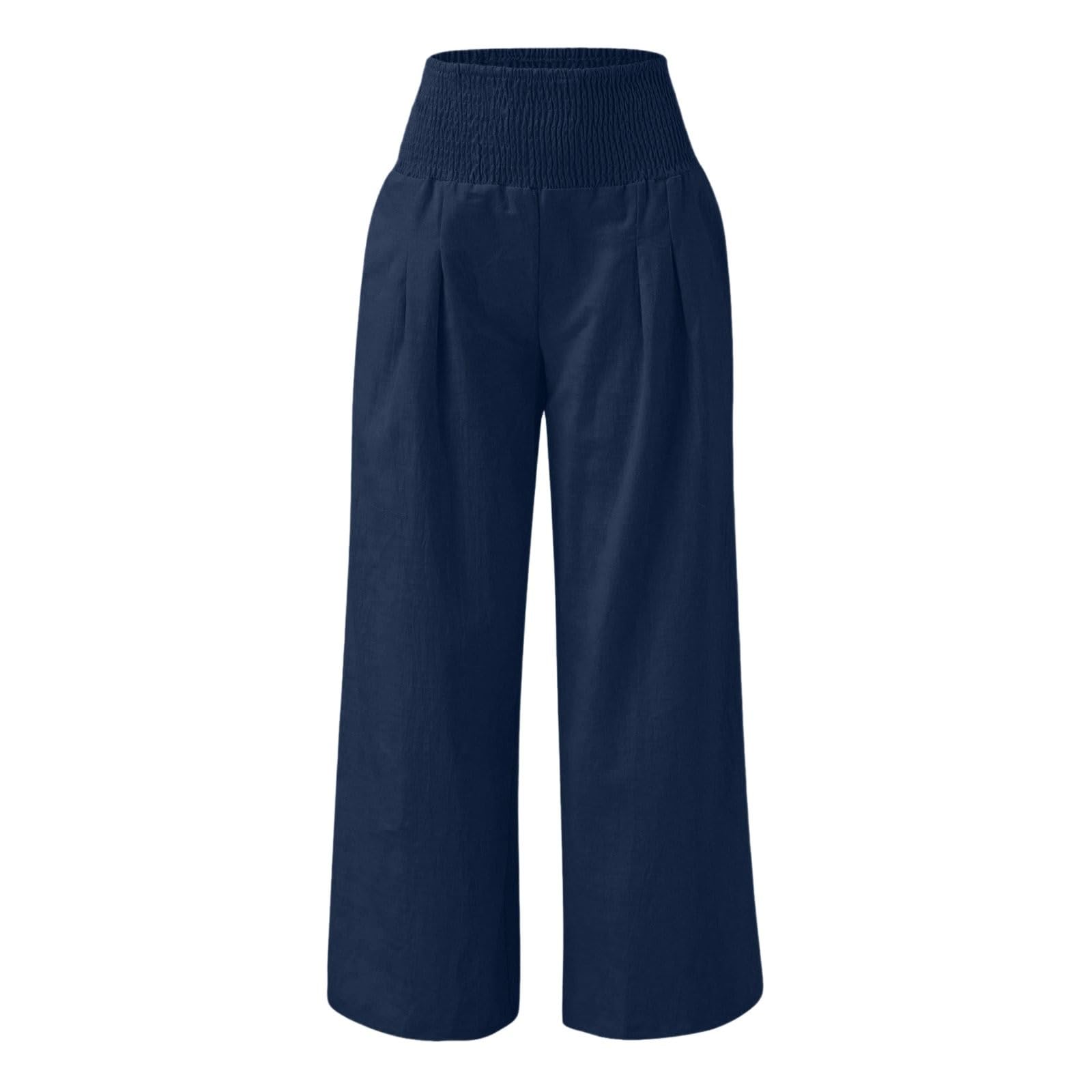 Generisch Pantalon d'été léger pour femme - Taille haute - Taille élastique - Pantalon en tissu - Avec jambes larges - Style décontracté - Avec poches - Couleur unie - En coton - Aéré