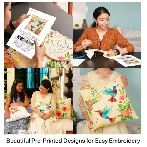 Image of picknMAKE Beginners for Set Kit Embroidery Hand Cover Cushion DIY 2 of Pack - Covers Pillow /Cushion Handmade Bliss Hummingbird | Decor Home | 16 inchx16 inch | Pattern Printed Digitally | Included Materials All