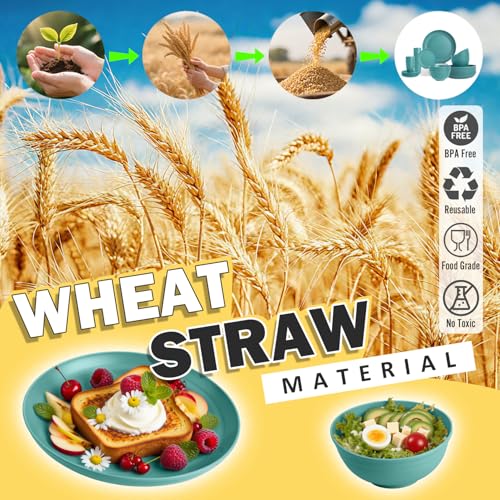 Image of Wheat Straw Dinnerware Sets, 32 PCS Dishes Set for 8, Unbreakable Plates and Bowls Sets, Microwave Safe Dinnerware Set for Kitchen Outdoor Camping RV - Green