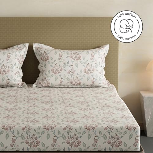 Image of Layers 100% Cotton Fitted Sheet for King Size Bed | Lumina Floret Collection | 144 TC Soft & Breathable | Floral Print with 2 Pillow Covers | Wrinkle Free & Colorfast | 3 Pc Bedding Set - White