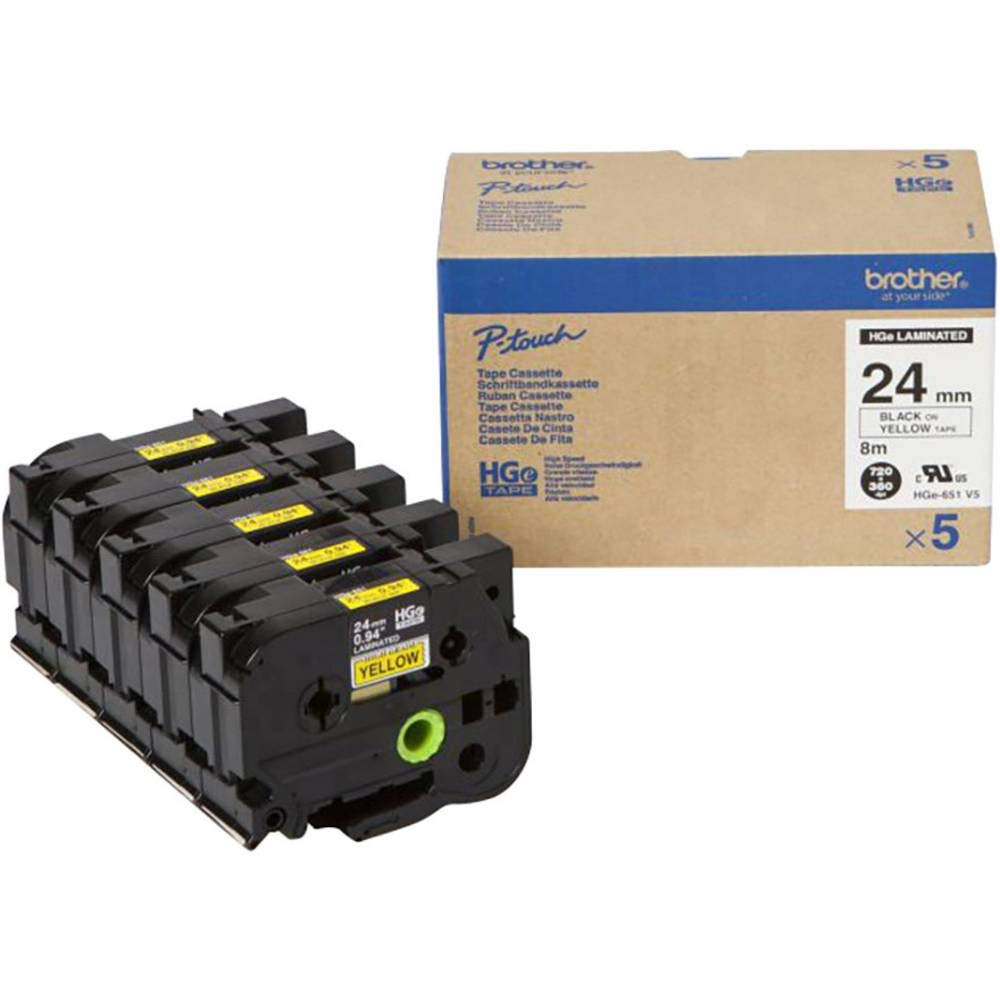 Brother HGE651V5 Nastro Laminato, Nero/Giallo, 5 Pezzi