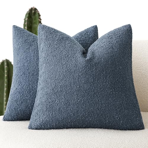 Image of Foindtower Pack of 2 Textured Boucle Throw Pillow Covers Accent Solid Pillow Cases Cozy Soft Decorative Couch Cushion Case for Chair Sofa Bedroom Living Room Home Decor 20x20 Inch Dark Blue