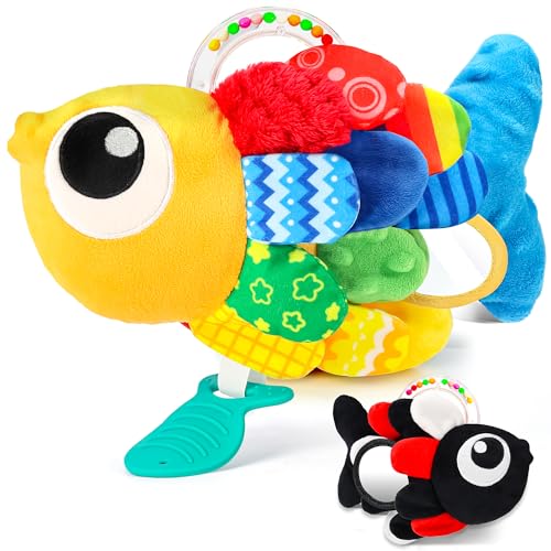Flip Fish Stuffed Animal, Baby Sensory Tummy Time Toys for 0-3 Months, 3-6, 6-12 Months Multi-Textured Squeaking & Crinkling Infant Sensory Toys for Babies with Mirror Rattle for Baby Shower Gifts