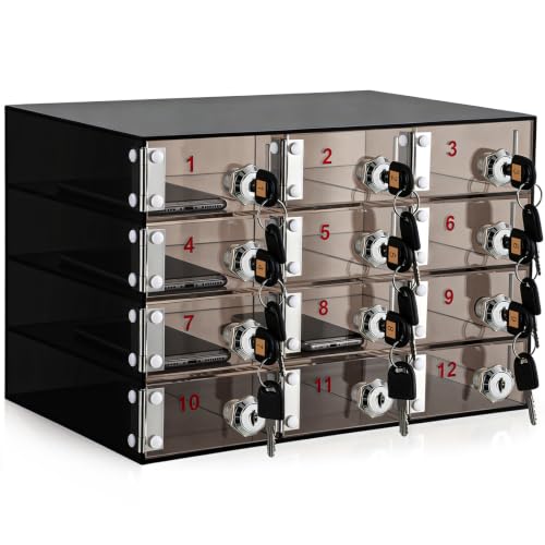 Image of Layhit 12 Slots Cell Phone Locker Box for Classroom Black Acrylic Cell Phone Storage Cabinet Bin with Door Locks for Classroom School Students Office Factory Employees