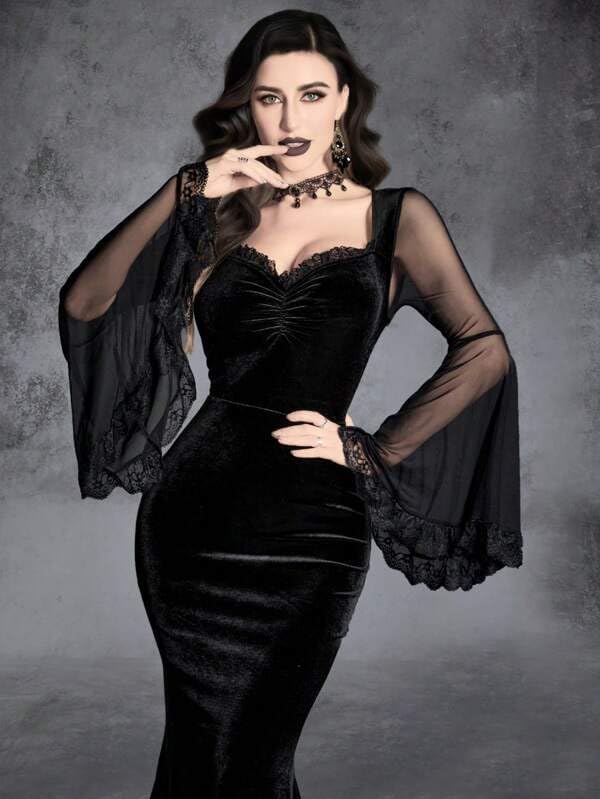 LANSHULAN Gothic Contrast Mesh Flounce Sleeve Velvet Mermaid Hem Dress Clothes - Image 6