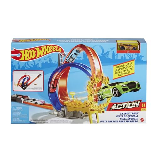 Hot Wheels Action Coffret Piste Énergie avec Double looping et Cercle de feu pour Courses et Cascades, Petite Voiture Incluse, Jouet pour Enfant, GND92