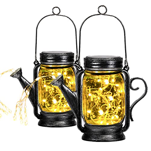 2 Pack Outdoor Hanging Solar Lanterns Mason Jar Solar Lights, Solar Powered Warm Lights with 45 Led String Lights for Patio Yard Walkway Garden Decorations - Waterproof Jars and Lids Included