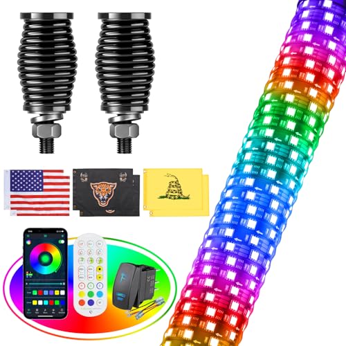 Image of Ehaho 1PC 1FT Fat Whip Light for UTV ATV with Spring Base, Led Fatty Whip Light W /Rocker Switch & 6 Flags, Brighter Spiral Chasing Lighted Antenna Whip with APP & Remote Control for RZR SXS Can-Am