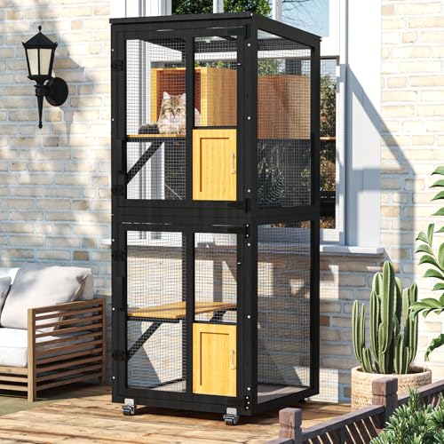 TRYKERPET 4 Tiers Catio Outdoor Cat Enclosure, Outdoor Cats House with 4 Wheels, Cat Enclosure Window Access with Removable Floor, Upgraded Resting Box, Waterproof Roof, Wooden Indoor Pet Cage, Black