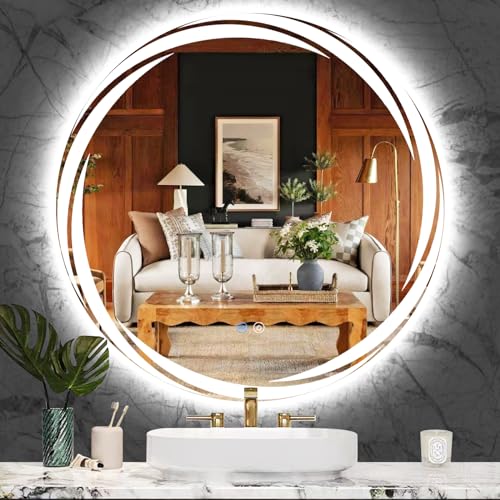 MEIOUKA 24 Inch Unique Swivel Round Lighted Mirror for Bathroom
