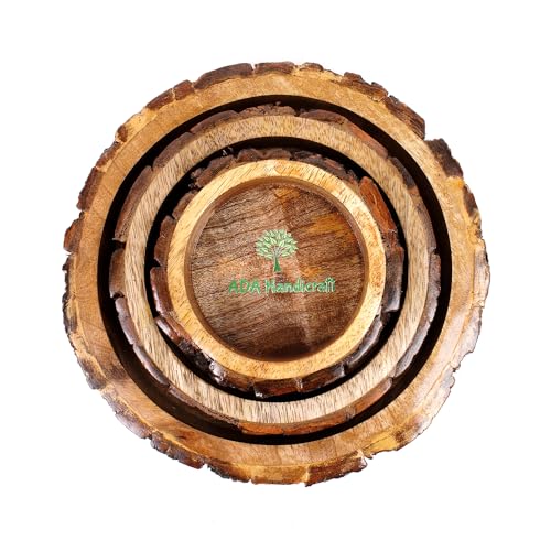 Image of ADA Handicraft Premium Pakka Mango Wood Handmade & Handcrafted Wooden Round Shape Serving Tray, Wooden Platter - Set Of 3 Small (5 Inch), Medium (7 Inch), Large (9 Inch)