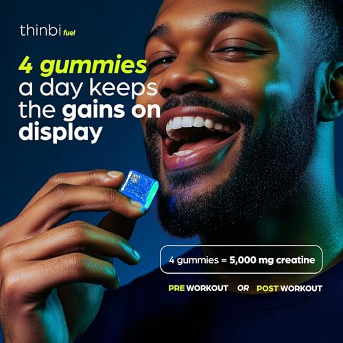 Image of Thinbi Creatine Gummies, Blueberry Raspberry and Apple, 120 Count | 5-in-1 formula, 5 g creatine per serving, Third-party tested, Chewable gummies, Gluten free