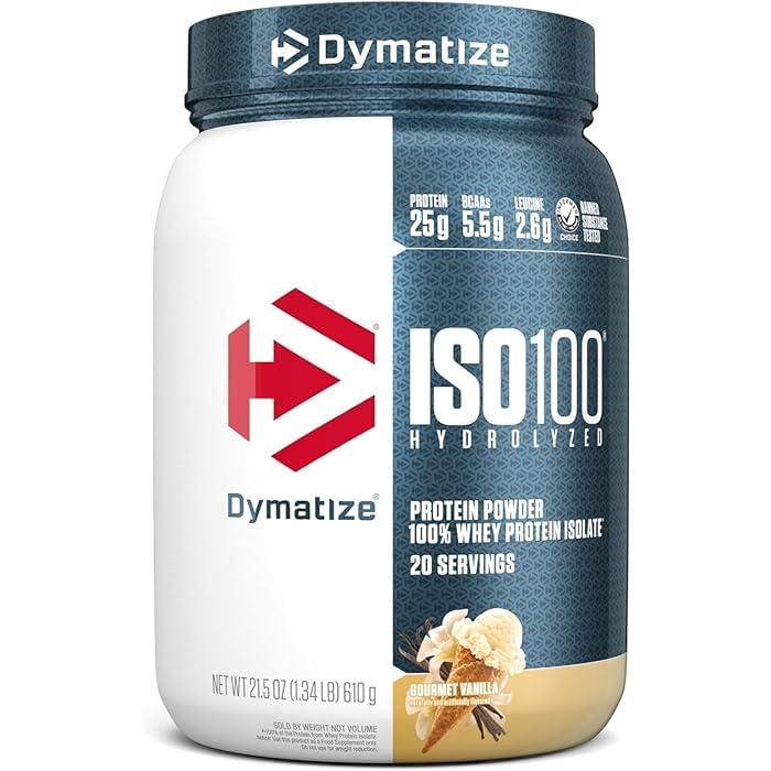 Image of Dymatize Nutrition ISO100 Whey Protein Powder Isolate, Gourmet Vanilla, 25G of Protein, 20 Servings, 5.5G BCAAs, Less Than 120 Cal., Gluten Free, 1G Fat, 1G Sugar, 2G Carb