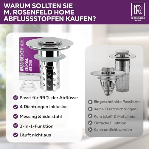 M. ROSENFELD HOME 3-in-1 Waschbeckenstöpsel mit Sieb Pop-Up Abflussstopfen mit sieb für 30–60mm Beckenloch Edelstahl Haarfänger Messingkern, Chrom