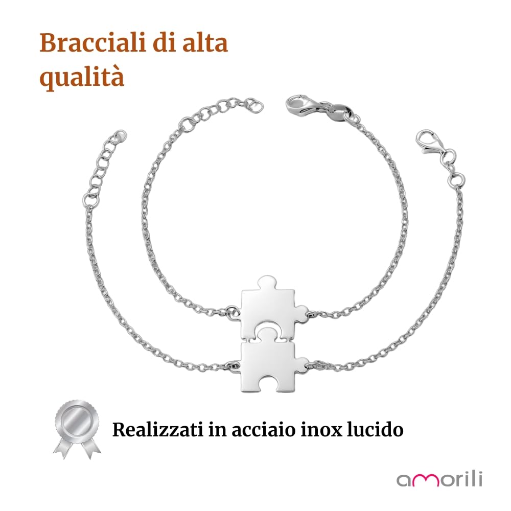 Bracciali Puzzle Coppia in Acciaio Inox Personalizzati con Incisione | Set Braccialetti Amicizia o Amore | Gioiello Simbolico Regolabile | Idea Regalo per Fidanzati o Amiche