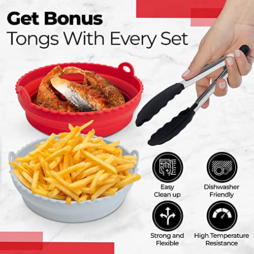 Silicruz 2 Reusable Silicone Air Fryer Liners With Tongs - 7.9 Inch Foldable Air Fryer Silicone Liners For 3-5 Qt Fryers- Replacement Of Parchment Paper Liners - Dishwasher Safe For Quick Cleanup #TOP4
