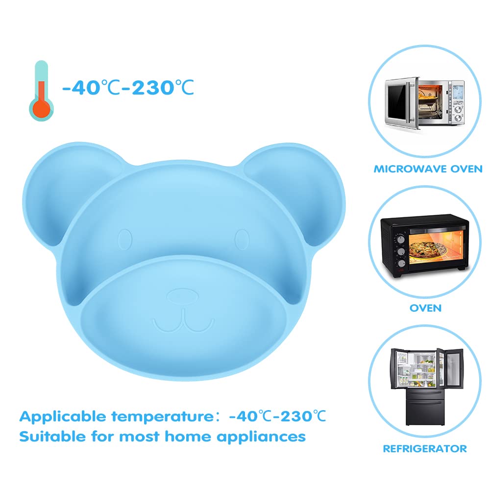 Vicloon Piatto per Bambini in Silicone, Piatto Svezzamento con 4 Aree, Piatto con Ventosa per Bambini, Piastra di Alimentazione per Neonati, Lavabile in Lavastoviglie, Orso