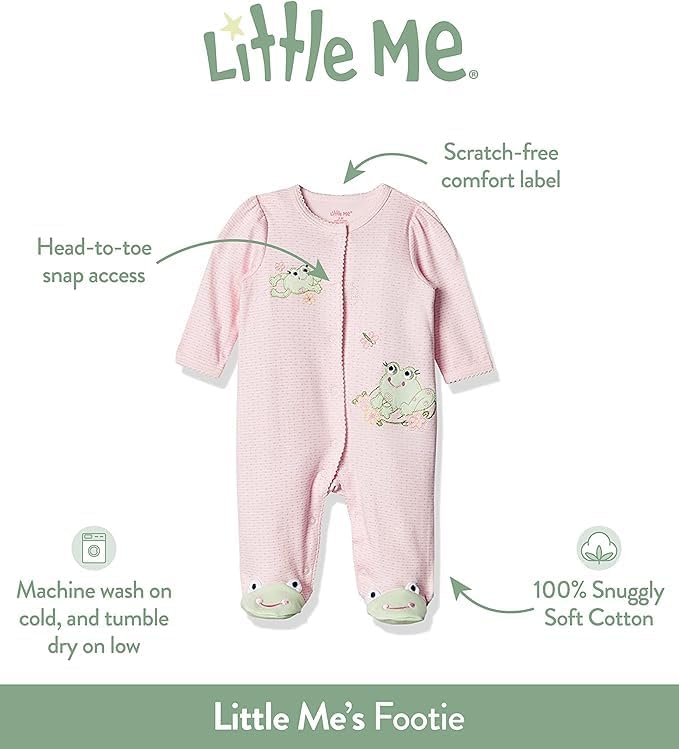 Little Me Clothes for Baby Girls' 100% Cotton Scratch-Free Tag Footie Sleeper, Preemie to 9 Months - Image 3