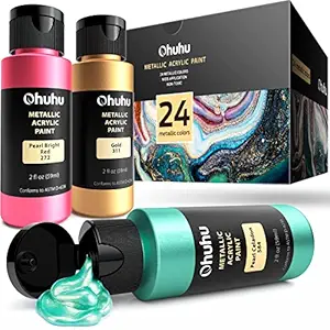 Ohuhu Acrylic Paint Set, Acrylic Color Paints 24 Metallic Colors Acrylic Painting Bottles for Canvas Wood Non Toxic Paints for Beginners Students Adults 59ml