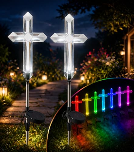 GreatGiftDeals Solar Cross Garden Stake Color Changing LED Pathway Light Waterproof Outdoor Yard Decor for Lawn Garden & Memorial Decoration (Multi-Color) (2 Cross)