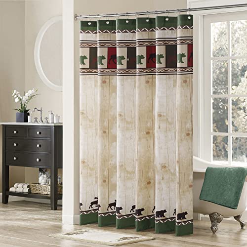 Mvsuta Woodland Vintage Cute Bear Tan Polyester Fabric Farmhouse Classic Lodge Deer Dk Green Printed Country Cloth Cabin Waterproof Lovely Kids Shower Curtain For Bathroom,72" W X 72" L #TOP20