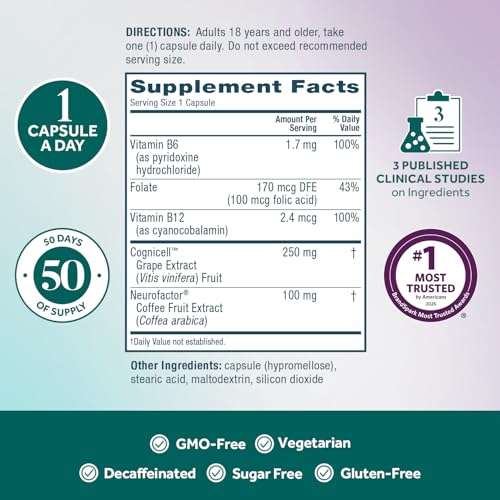 Image of NEURIVA Memory 3D Brain Supplements for Memory and Focus, Vitamin B12 & B6, Folic Acid, 50 Count Capsules