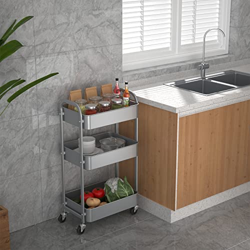Image of MAX Houser 3-Tier Rolling Utility Cart with Caster Wheels,Easy Assembly, for Kitchen, Bathroom (Silvery-Grey) (Pack of 3)
