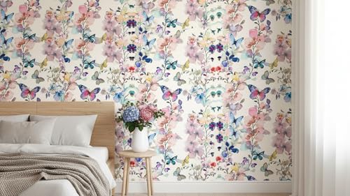 Image of Watercolor Butterfly and Floral Wallpaper,Pink and Blue, Self-Adhesive Peel and Stick Contact Paper Wall Stickers for Girls' Room Nursery Decor Cafe Walls, Hotel,Bedroom (45X300 CM)