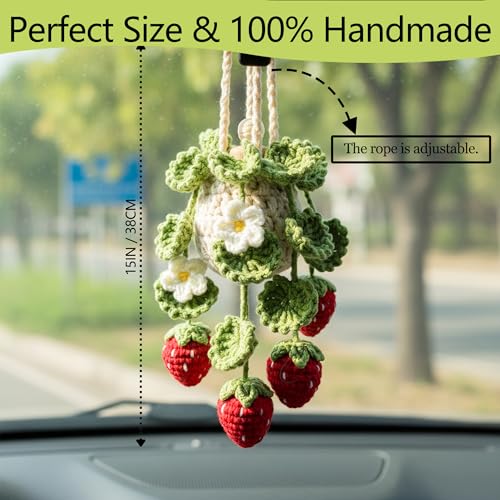 Image of Crochet Car Air Freshener Hanging, Cute Hanging Plant for Cars, Crochet Strawberry Plant with 10ml Empty Refillable Oil Diffuser Bottle, Handmade Boho Car Ornament Charms for Rear View Mirror, Red