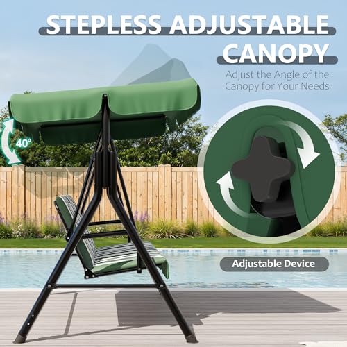 Image of Garvee Outdoor Porch Swing with Adjustable Canopy, 3-Seat Patio Swing Chair with Stand, Heavy Duty Outdoor Swing for Adults, Metal Frame Patio Swing for Garden, Backyard & Poolside,Striped Green