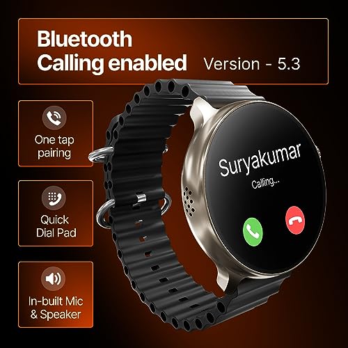 Image of CrossBeats Aura Round 1.46 inch Super AMOLED Smart Watch, Always On, Advanced AI ENC Bluetooth Calling, in-Built Games, Fast Charge, Rotating Crown, 123+ Sports Modes, 454 x 454 Pixel (Gold, Black)
