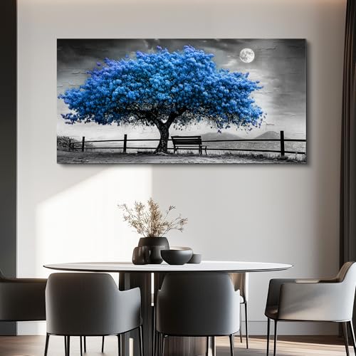 FUHAIHUA Large Wall Decor For Living Room Canvas Wall Art For Office Modern Wall Decorations For Bedroom Black And White Landscape Painting Blue Tree Pictures Artwork Room Home Decor 24x48 In