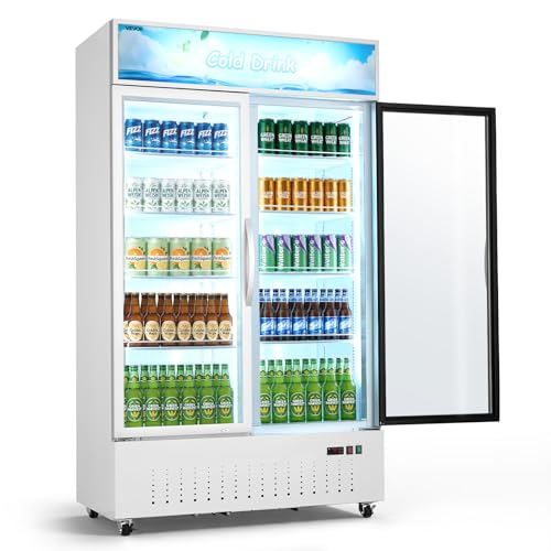 Image of VEVOR Commercial Merchandiser Refrigerator, 35.3 Cu.Ft / 1000L Upright Beverage Cooler, 2 Glass Door Display Refrigerator with Customizable Lightbox, 8 Adjustable Shelves, Soft LED Lighting & Casters