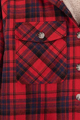 Image of ZENTHACE Boys Sherpa Fleece Lined Flannel Plaid Button Down Shirt Jacket,Hooded Flannel Shirt with Hand Pockets