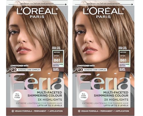 Image of L'Oreal Paris Feria Multi-Faceted Shimmering Permanent Hair Color, B61 Downtown Brown, Hair Dye Kit, Pack of 2