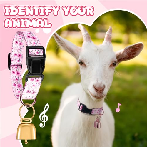 Image of Goat Collar with Bell, Sheep Grazing Copper Bells and Adjustable Nylon Collar Set Loud Bronze Bell for Summer Small Farm Animal Sheep Cow Dog Accessories Gift(Pink Rose)