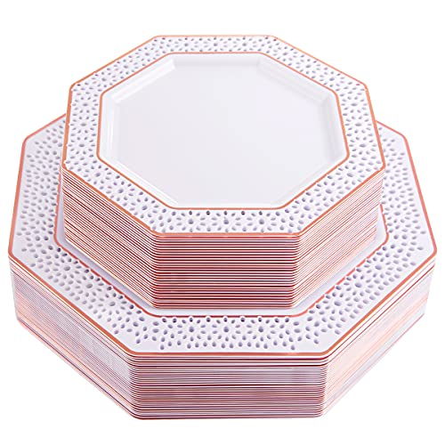 BBG 60Pcs Rose Gold Plastic Plates, Premium Disposable White Plates With Rose Gold Rim, Premium Heavy Duty Plates Include 30Plastic Dinner Plates 10.25inch,30Salad Plates 7.5inch For Mother's Day
