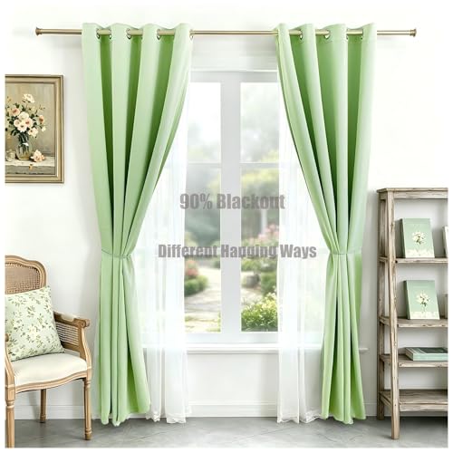 Image of Sage Green Blackout Curtains - 2 PCs Double Layer Blackout Curtains, Sheer Voile with Lace Hems, Light Block Panels Mix & Match Window Decor for Bedroom,Dining Room, Kids Room, 52 inchx84 inch