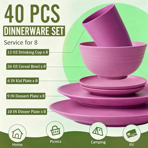 Image of Wheat Straw Dinnerware Set 40 PCS | Service for 8 | Unbreakable Plates and Bowls Sets Plastic Reusable Dishes Sets Dinner Plates, Cereal Bowls, Water Cups Kitchen Set for Home RV- Pink