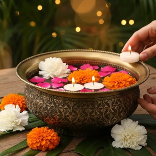 Image of Decorative Brass Chitai 8 inches Urli | Table Centerpiece Flower Floating Bowl | Urali for Mandap, Haldi, Mehendi, Wedding, Reception Decor | Brass Antique | 1500ml