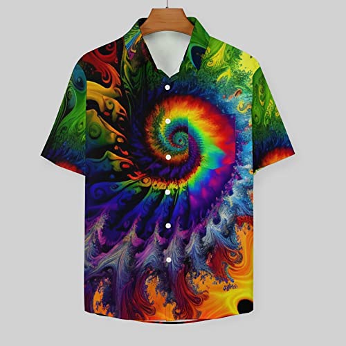 Hawaiian Mysterious Psychedelic Rainbow Totem Tie-Dye Lapel Pocket Short Sleeved Shirt Button Shirt2