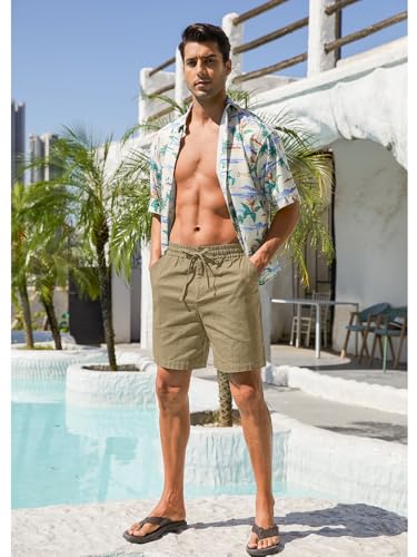 Image of RQP Mens Cotton Linen Shorts Casual Drawstring 7inch Inseam Shorts Stretch Summer Beach Wear