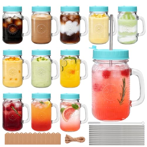 Encheng 12 Pack 16 oz Mason Jar Cups with Handle, Vintage Glass Cups with Plastic Lids and Straws, Reusable Glass Drinking Jars for Smoothies, Iced Coffee, Juice