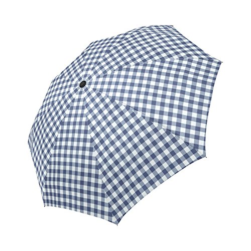 Interestprint Checkered Plaid 100% Polyester Pongee Windproof Fabric Travel Umbrella, Gingham Check Compact Automatic Open And Close Folding Uv And Rain Umbrella - Blue And White #TOP24